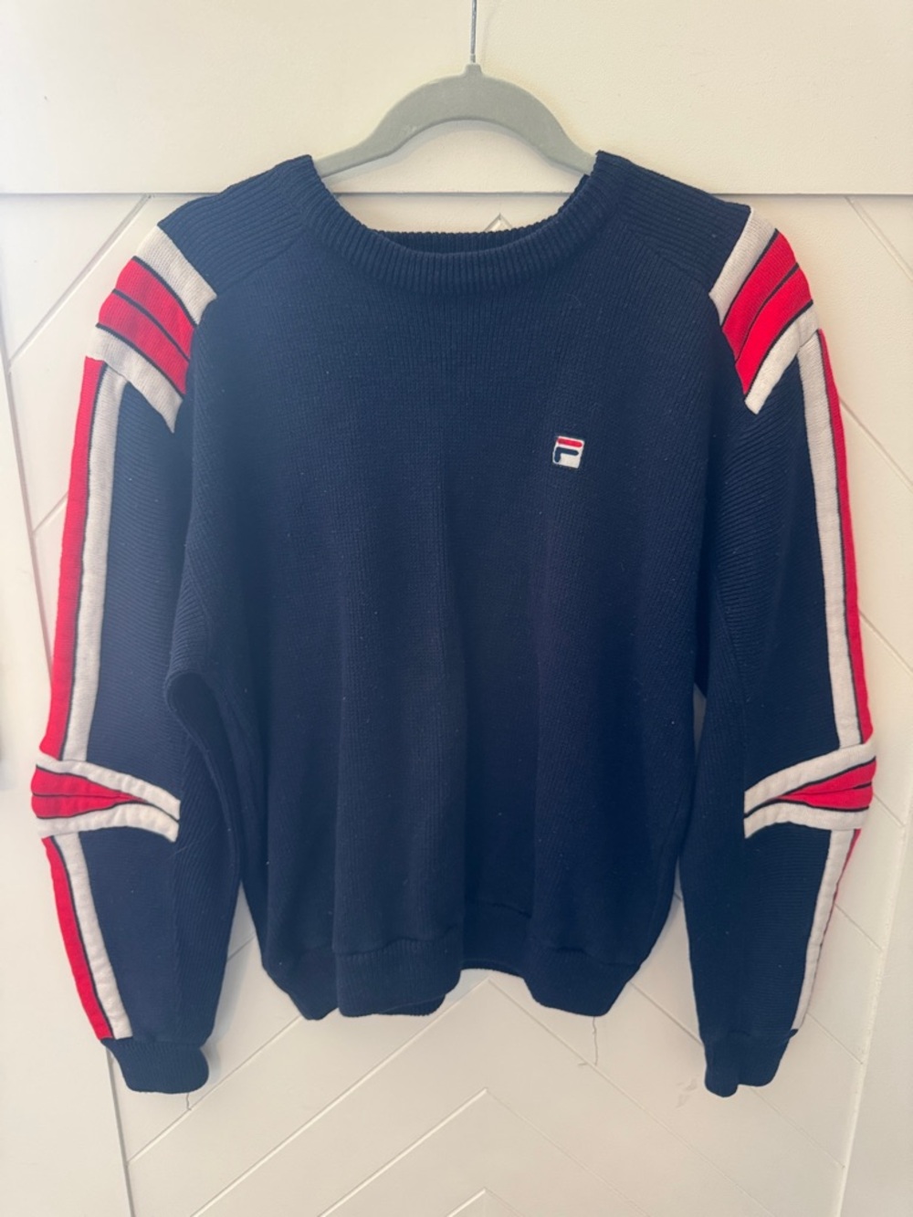 Fila navy blue Crewneck Sweater with Red & White Sleeve Stripes - Picture 2 of 3